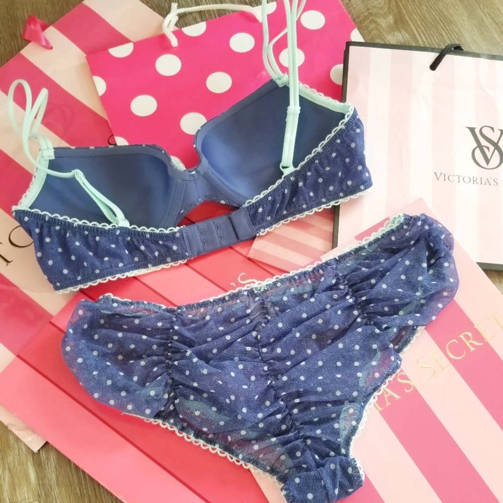Victoria's Secret Vintage Polka Dot Push-up Bra & Bikini Panty Set NWT Ruching - Picture 2 of 13